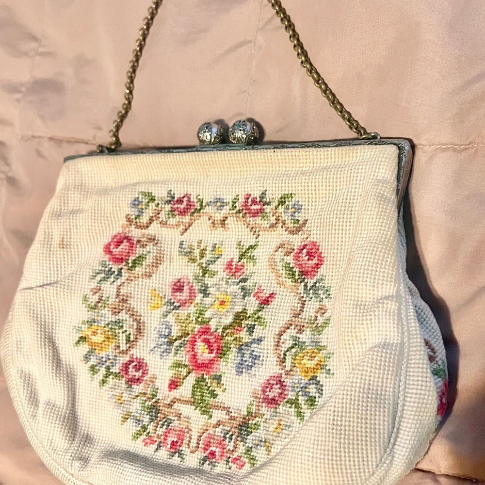 White and Pink Floral Embroidered Clutch with Metal Clasp